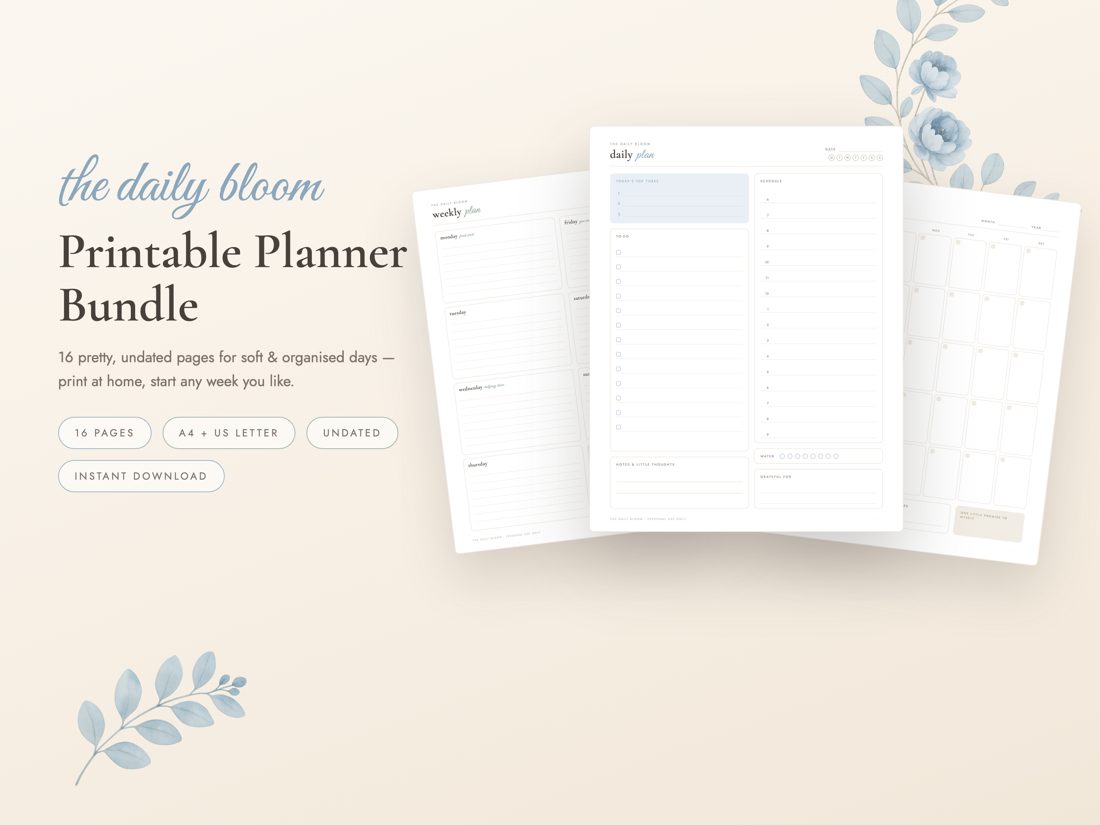 The Daily Bloom printable planner bundle — dusty blue