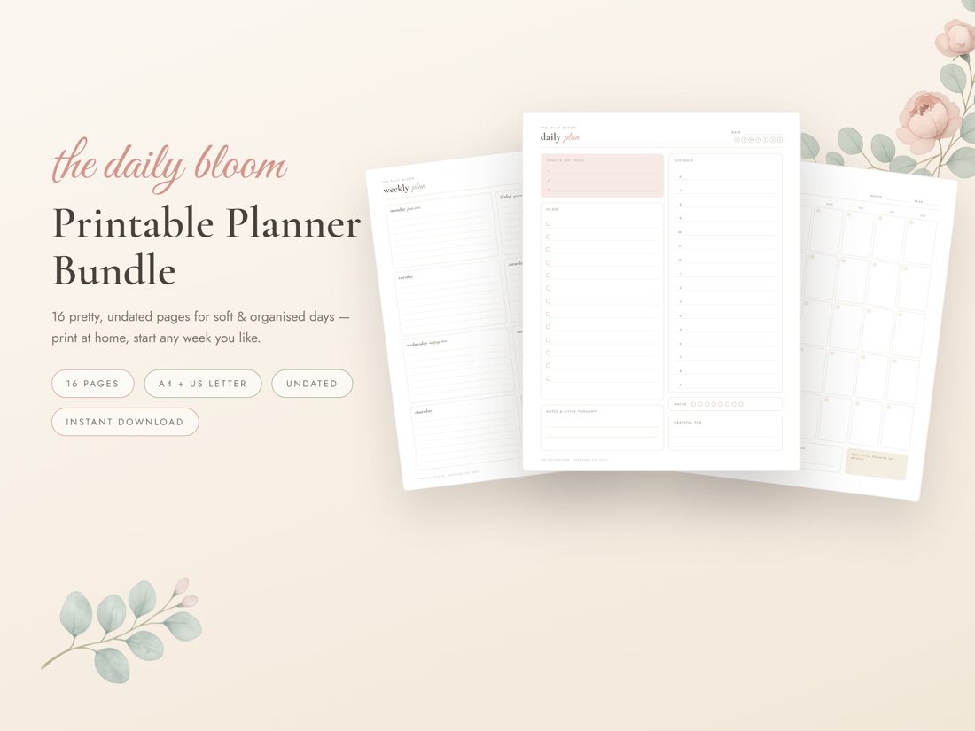 The Daily Bloom printable planner bundle — blush