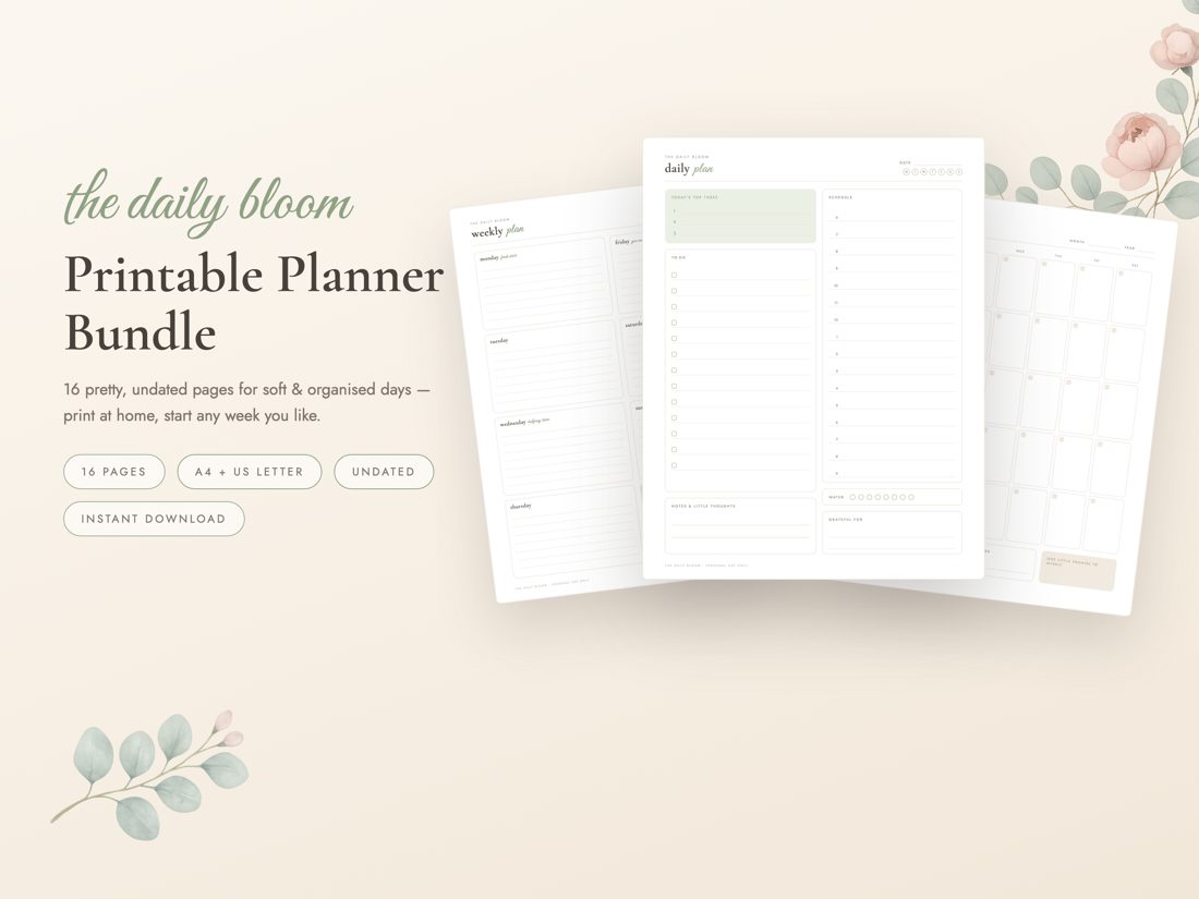 The Daily Bloom printable planner bundle — sage serenity