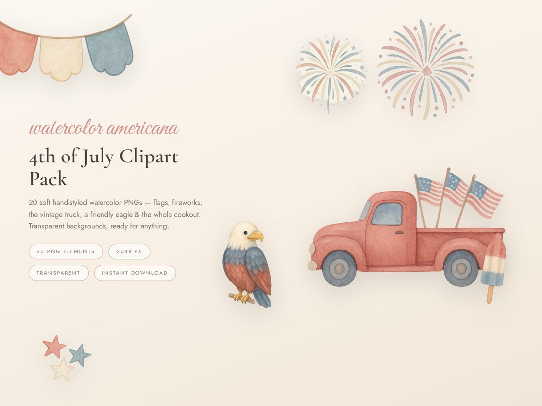 4th of July watercolor clipart pack — 20 transparent PNG elements